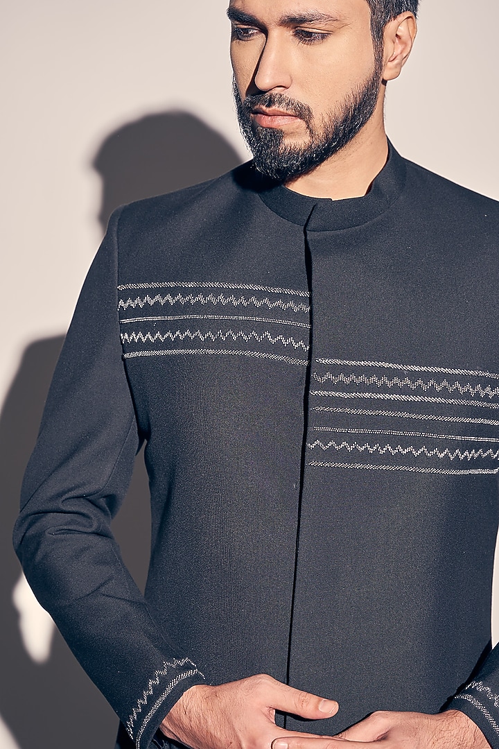 Blue Suiting Embroidered Jodhpuri Jacket Set by KAAJ Button at Pernia's Pop Up Shop
