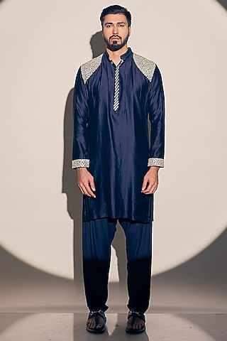 Navy Blue Blue Chanderi Kurta Set by KAAJ Button