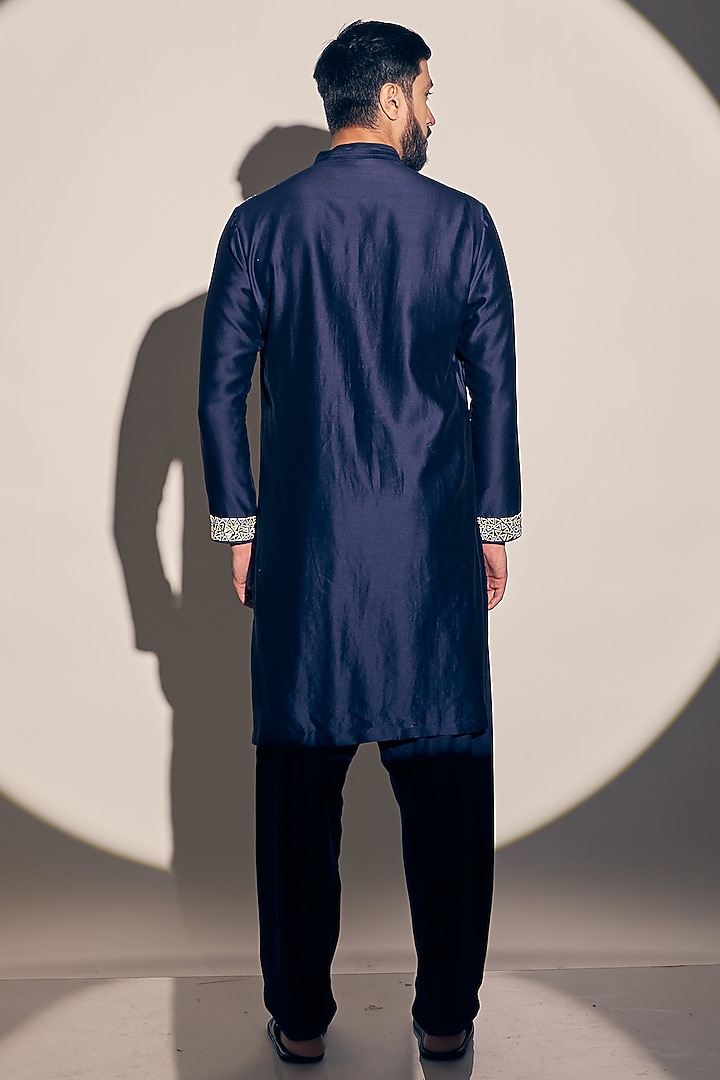 Navy Blue Blue Chanderi Kurta Set by KAAJ Button at Pernia's Pop Up Shop