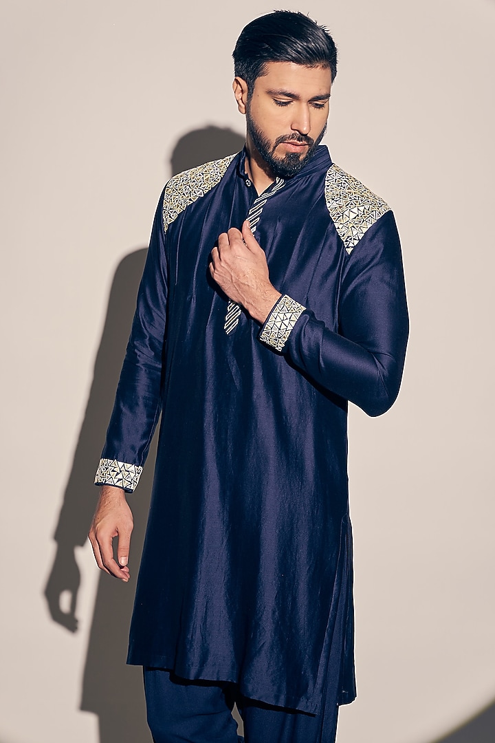 Navy Blue Blue Chanderi Kurta Set by KAAJ Button at Pernia's Pop Up Shop