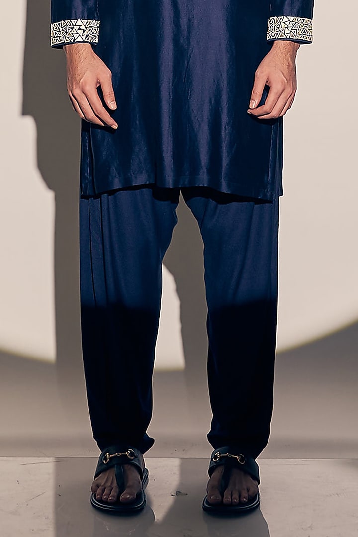 Navy Blue Blue Chanderi Kurta Set by KAAJ Button at Pernia's Pop Up Shop
