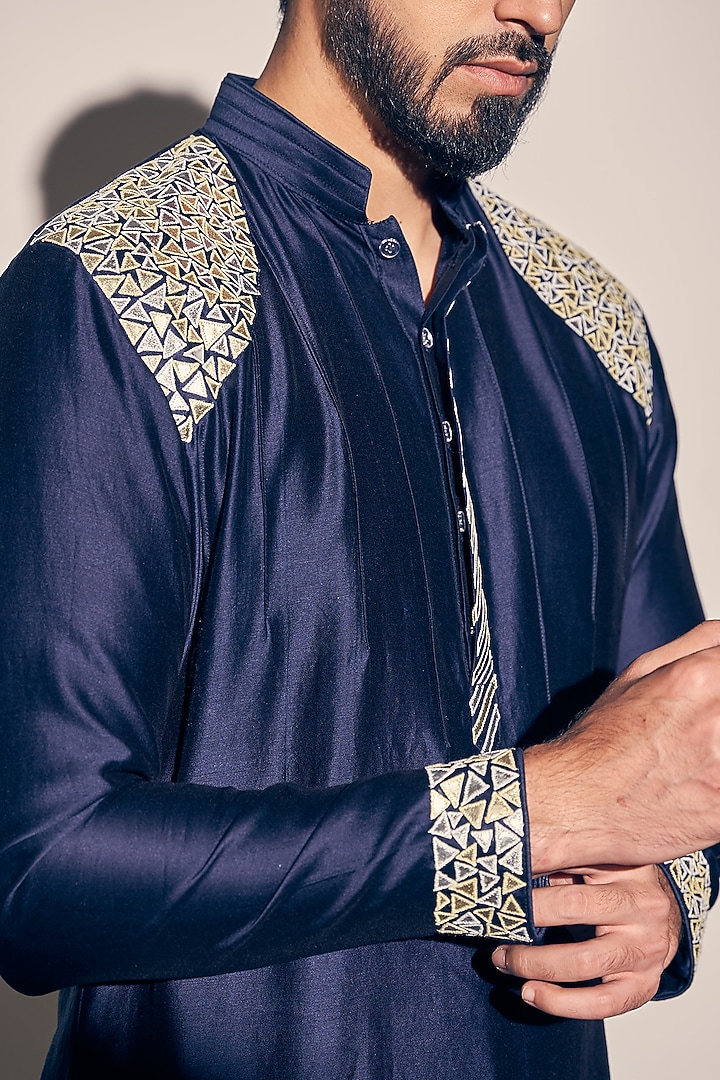 Navy Blue Blue Chanderi Kurta Set by KAAJ Button at Pernia's Pop Up Shop