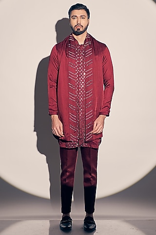 Maroon Satin Linen Embroidered Kurta Set by KAAJ Button