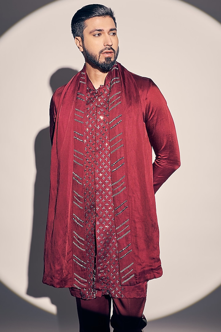 Maroon Satin Linen Embroidered Kurta Set by KAAJ Button at Pernia's Pop Up Shop