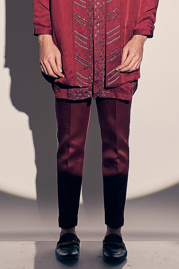 Maroon Satin Linen Embroidered Kurta Set by KAAJ Button at Pernia's Pop Up Shop