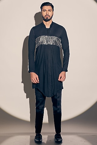 Black Twill Cotton Embroidered Kurta Set by KAAJ Button