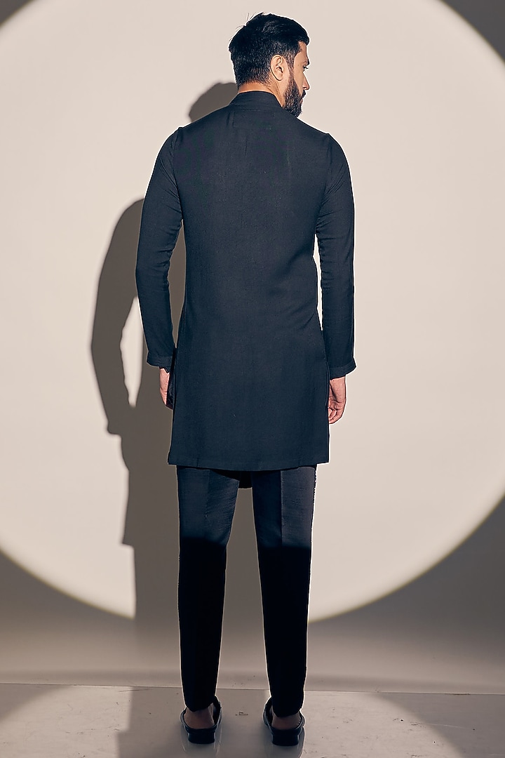 Black Twill Cotton Embroidered Kurta Set by KAAJ Button at Pernia's Pop Up Shop