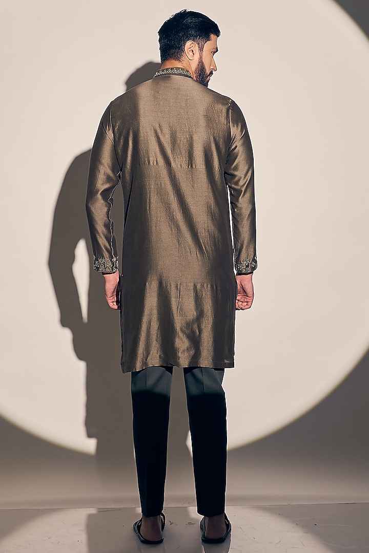 Olive Chanderi Silk Embroidered Kurta Set by KAAJ Button at Pernia's Pop Up Shop