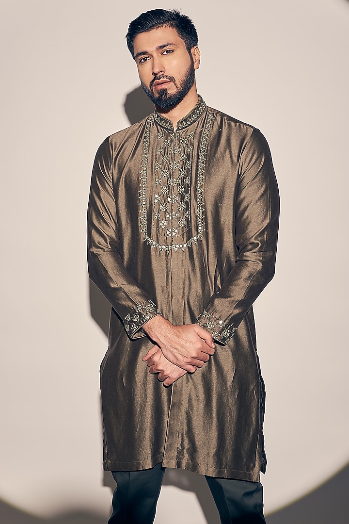 Olive Chanderi Silk Embroidered Kurta Set by KAAJ Button at Pernia's Pop Up Shop