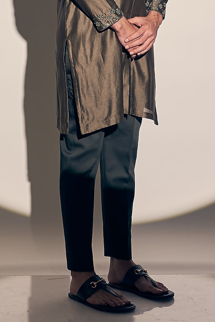 Olive Chanderi Silk Embroidered Kurta Set by KAAJ Button at Pernia's Pop Up Shop