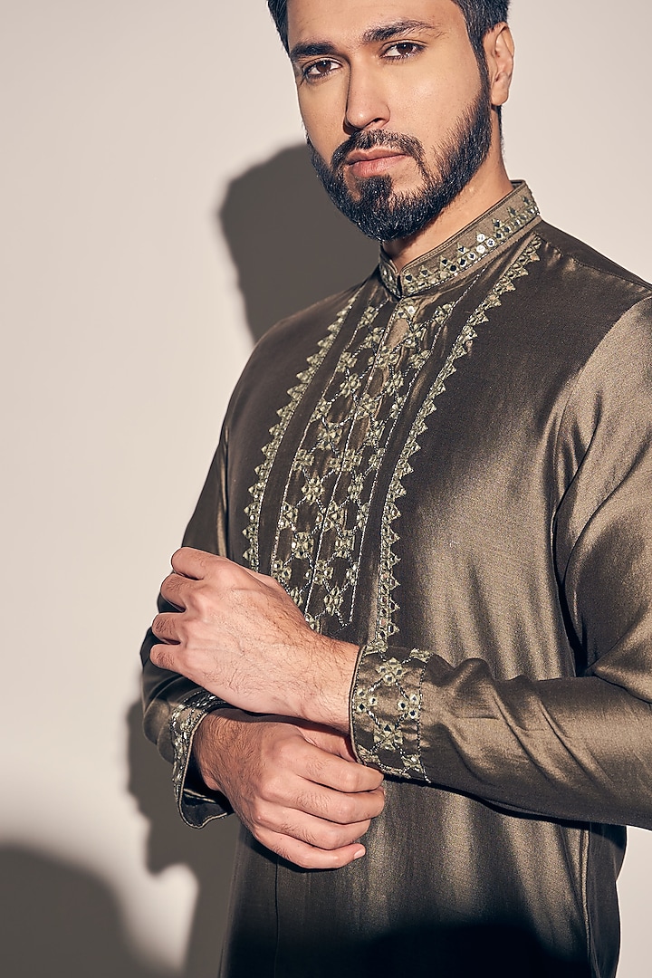 Olive Chanderi Silk Embroidered Kurta Set by KAAJ Button at Pernia's Pop Up Shop