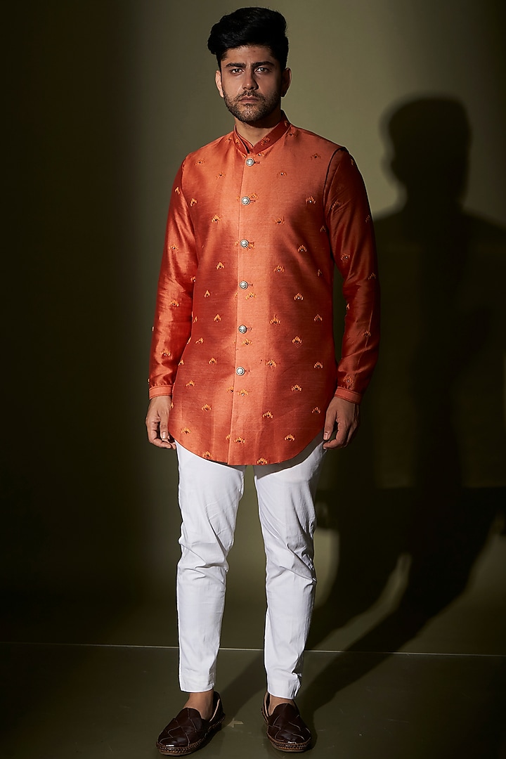 Rust Embroidered Bundi Jacket With Kurta Set by KAAJ Button