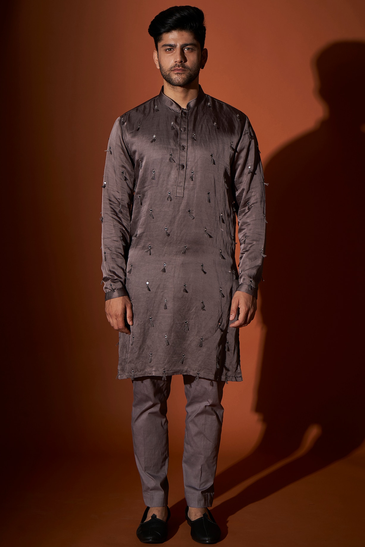 Buy KAAJ Button Grey Linen Embroidered Kurta Set at 2024