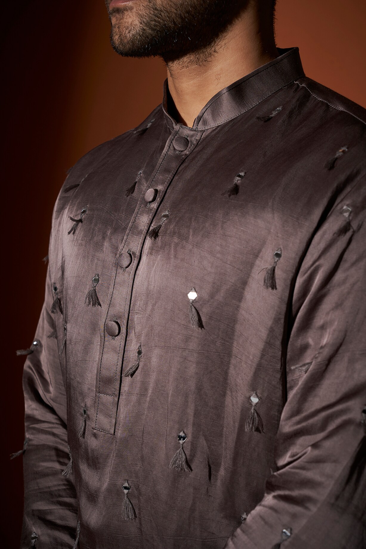 Buy KAAJ Button Grey Linen Embroidered Kurta Set at Pernia ...