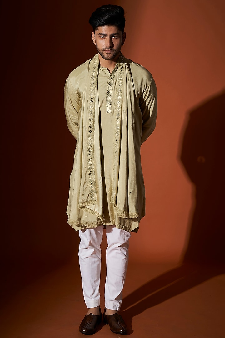 Sage Green Embroidered Kurta Set by KAAJ Button