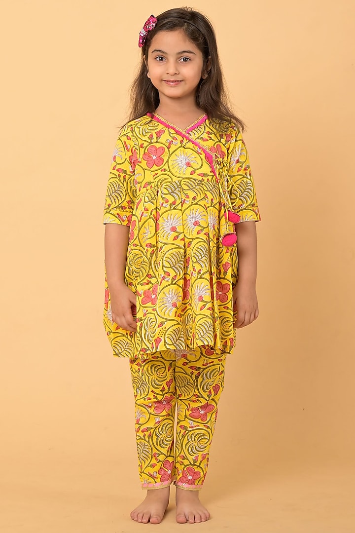 Yellow Pure Cotton Printed Kurta Set For Girls by Kaaj Clothing