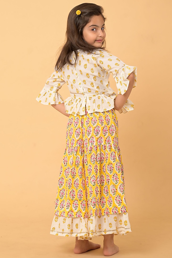 White & Yellow Printed Sharara Set For Girls by Kaaj Clothing