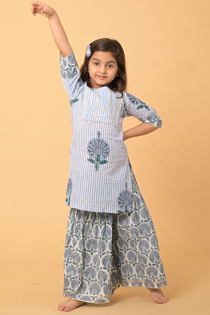Powder Blue Printed Sharara Set For Girls by Kaaj Clothing