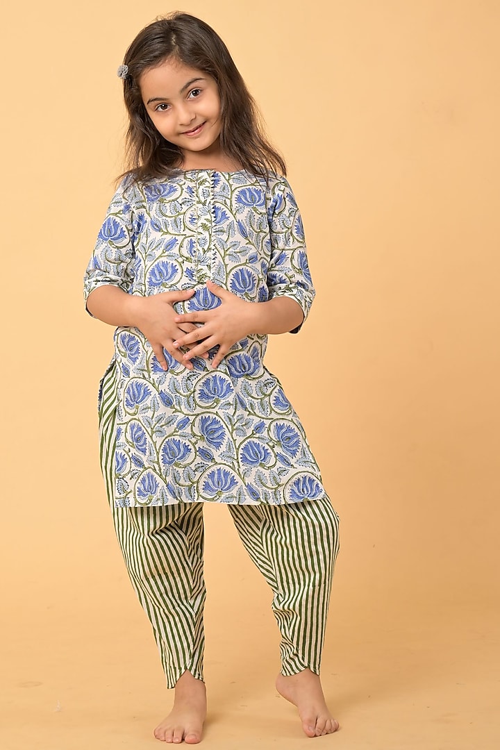 Blue & Green Printed Dhoti Set For Girls by Kaaj Clothing