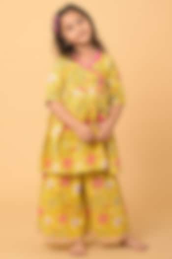 Yellow Pure Cotton Printed Sharara Set For Girls by Kaaj Clothing