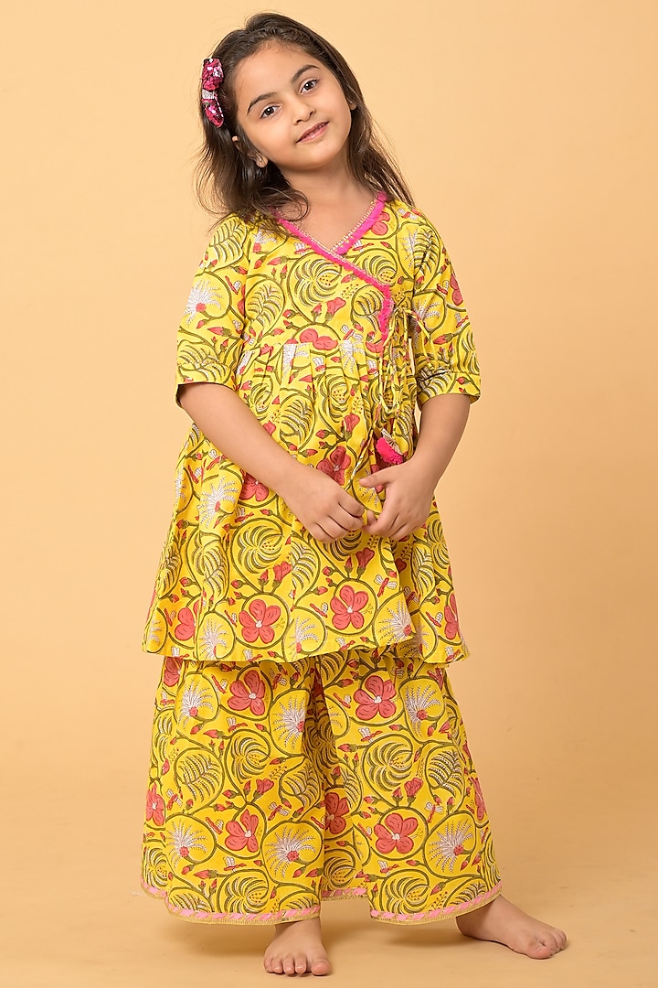 Yellow Pure Cotton Printed Sharara Set For Girls by Kaaj Clothing