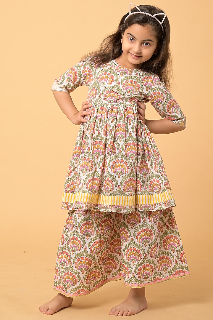 Multi-Coloured Printed Sharara Set For Girls by Kaaj Clothing