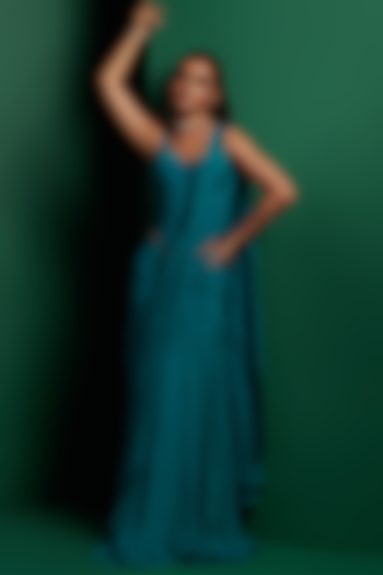 Teal Green Crepe Draped Saree Set by K&A By Karishma And Ashita at Pernia's Pop Up Shop