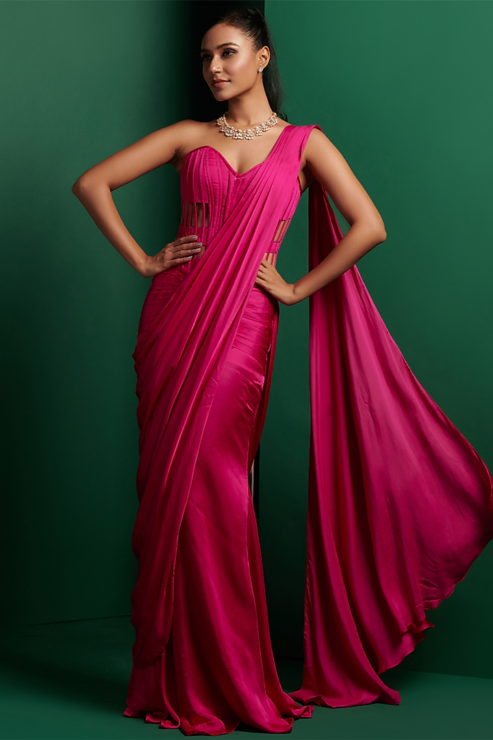 Hot Pink Modal Satin Draped Saree Set by K&A By Karishma And Ashita