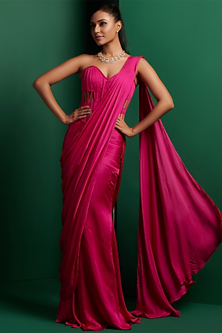 Hot Pink Modal Satin Draped Saree Set by K&A By Karishma And Ashita