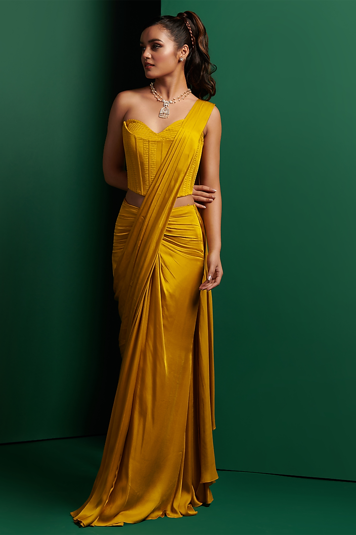Golden Yellow Modal Satin Draped Skirt Saree Set by K&A By Karishma And Ashita