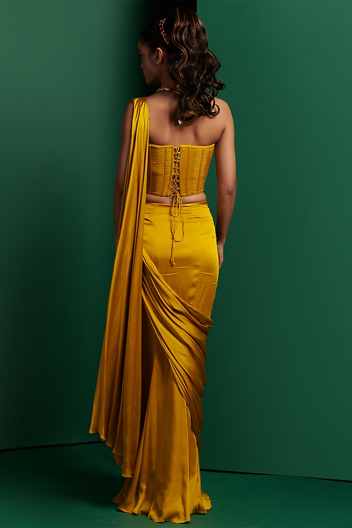 Golden Yellow Modal Satin Draped Skirt Wedding Saree Set by K&A By Karishma And Ashita at Pernia's Pop Up Shop