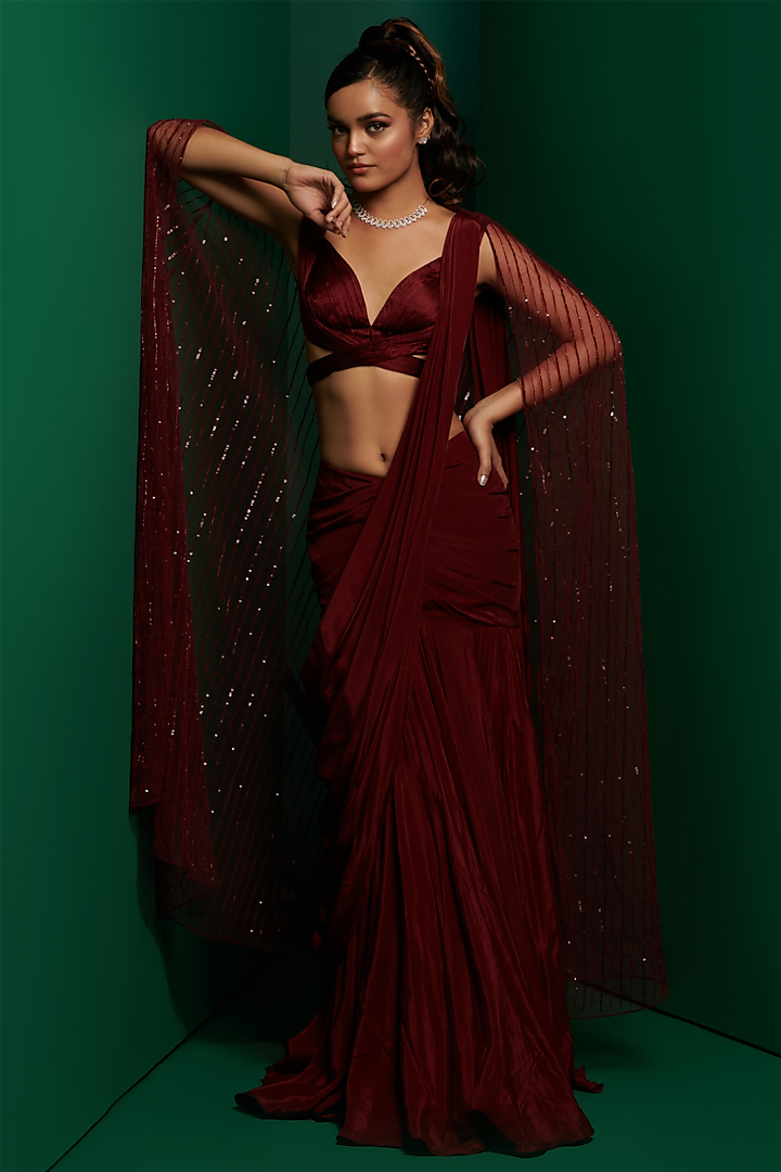 Dark Maroon Crepe Embellished Draped Jacket Saree Set by K&A By Karishma And Ashita