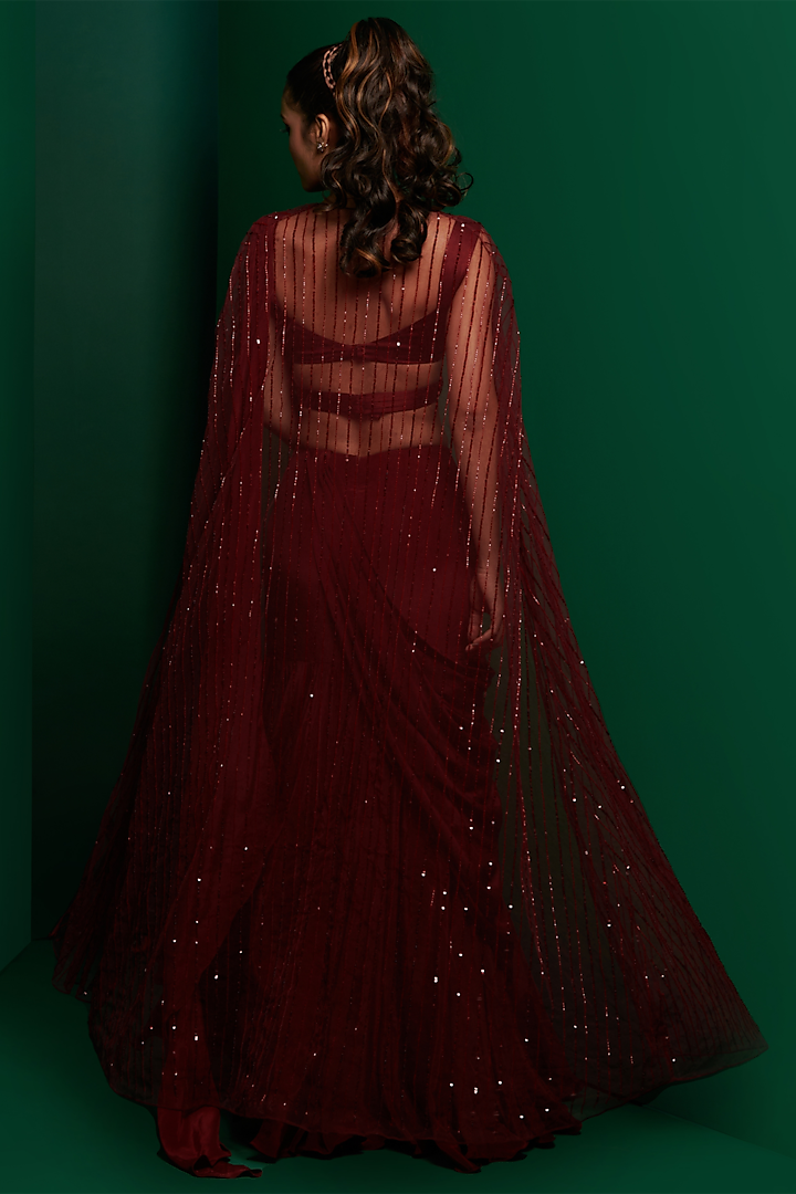 Dark Maroon Crepe Embellished Draped Jacket Wedding Saree Set by K&A By Karishma And Ashita at Pernia's Pop Up Shop