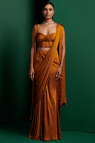 Mustard Yellow Dupion Silk Draped Saree Set by K&A By Karishma And Ashita