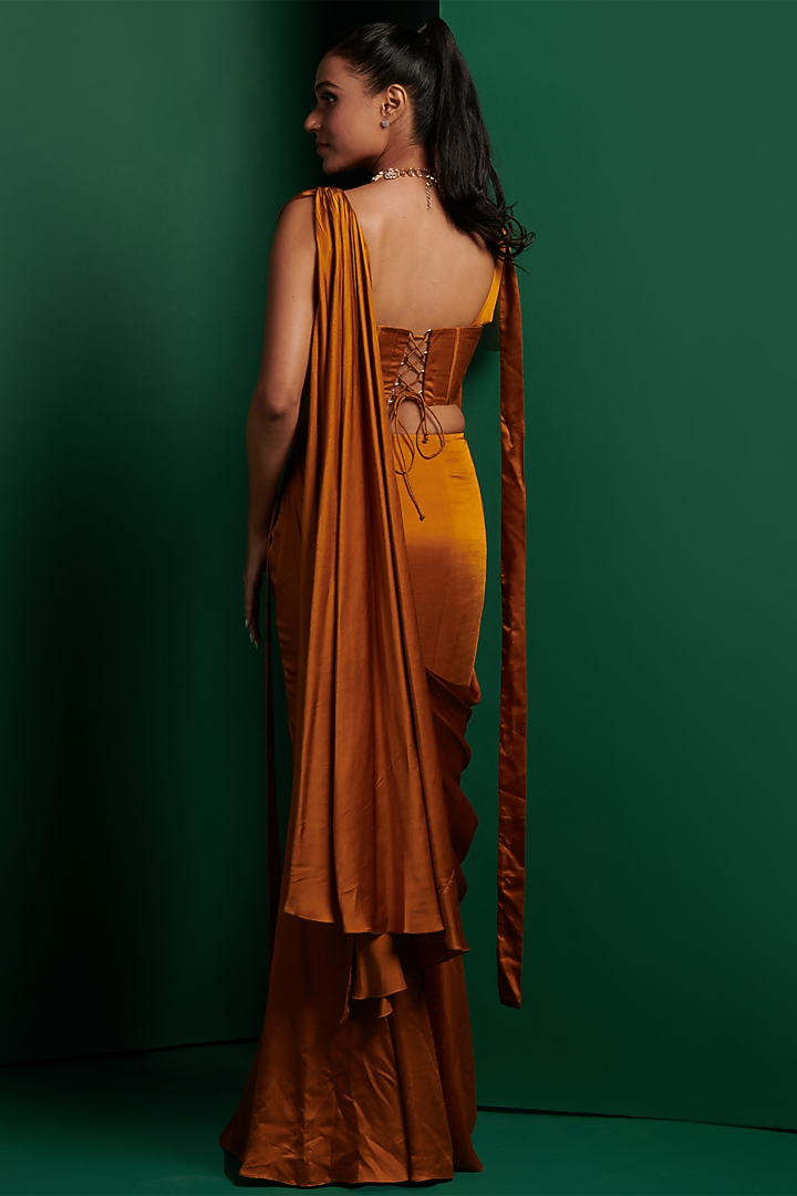 Mustard Yellow Dupion Silk Draped Wedding Saree Set by K&A By Karishma And Ashita at Pernia's Pop Up Shop