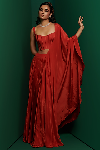 Rust Orange Crepe Draped Saree Set by K&A By Karishma And Ashita