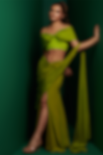 Lime Green Crepe Draped Skirt Set by K&A By Karishma And Ashita