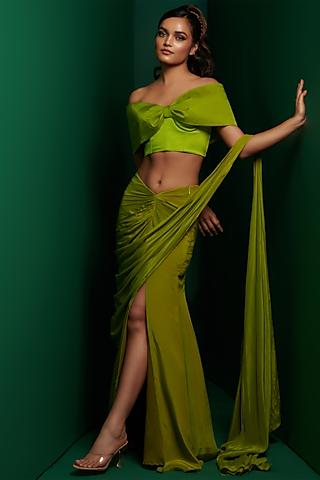 Lime Green Crepe Draped Skirt Set by K&A By Karishma And Ashita