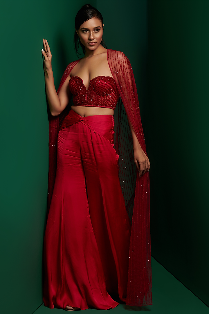 Red Swiss Net Embellished Cape Set by K&A By Karishma And Ashita