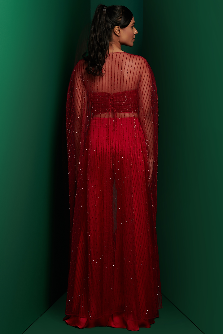 Red Swiss Net Embellished Cape Set by K&A By Karishma And Ashita at Pernia's Pop Up Shop