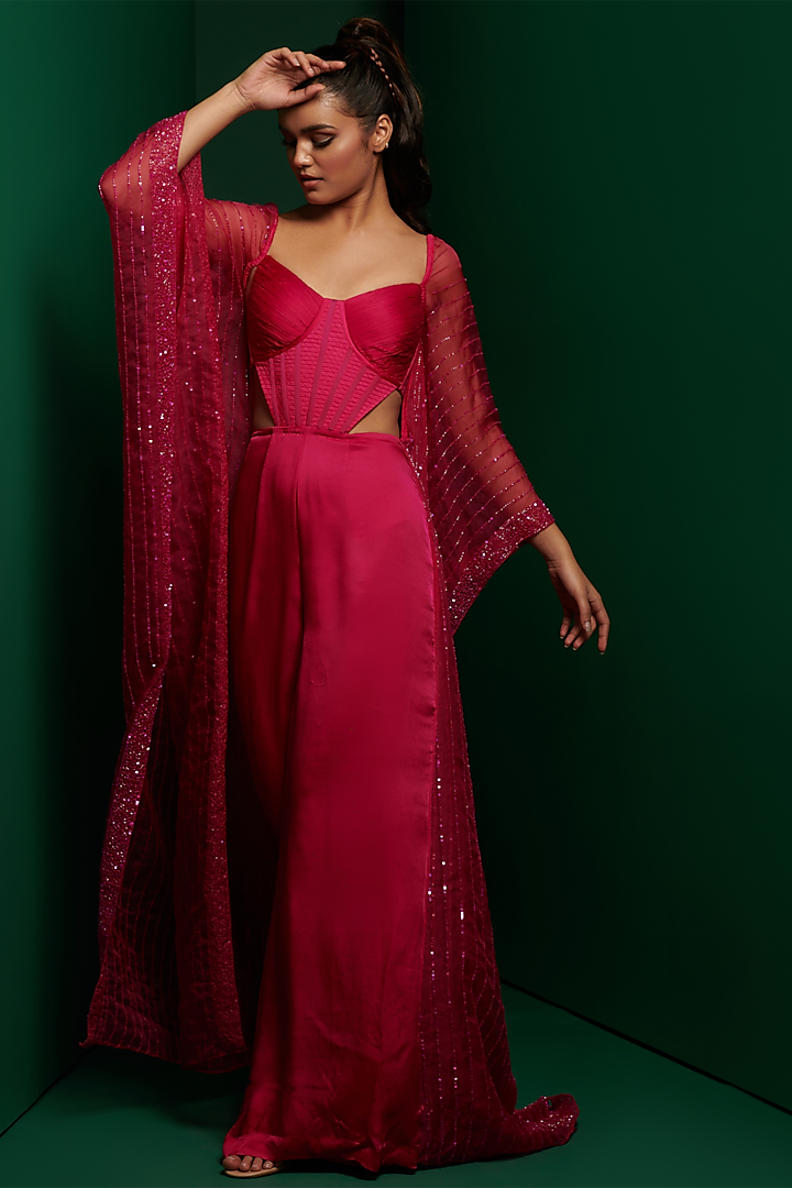 Hot Pink Satin Georgette & Organza Embellished Jumpsuit by K&A By Karishma And Ashita