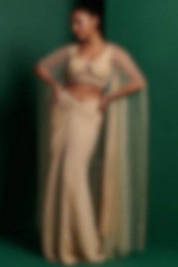 Ivory Double Georgette Draped Skirt Set by K&A By Karishma And Ashita