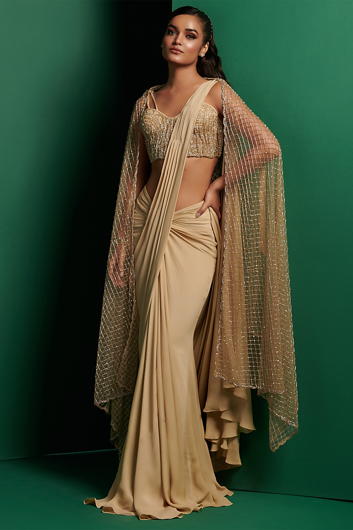 Champagne Gold Double Georgette Embellished Draped Jacket Saree Set by K&A By Karishma And Ashita