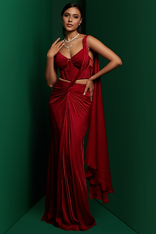 Red Modal Satin Skirt Set by K&A By Karishma And Ashita