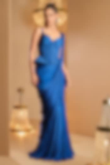 Blue Cotton Satin Draped Wedding Saree Set by K&A By Karishma And Ashita at Pernia's Pop Up Shop