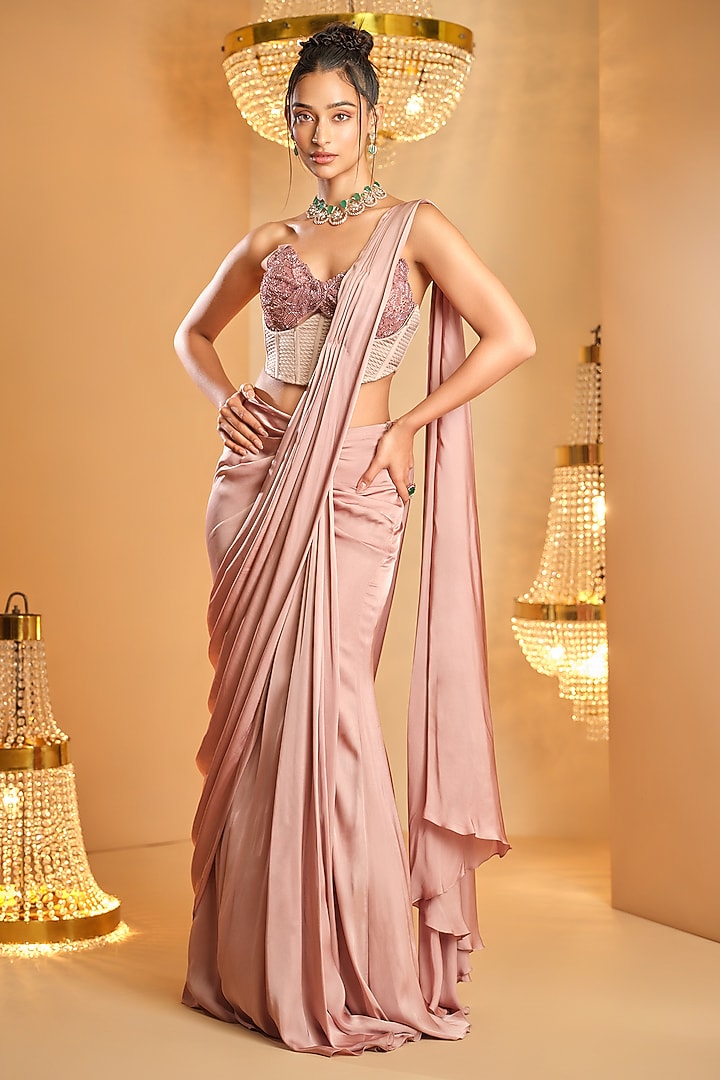 Lilac Cotton Satin Draped Reception Saree Set by K&A By Karishma And Ashita at Pernia's Pop Up Shop