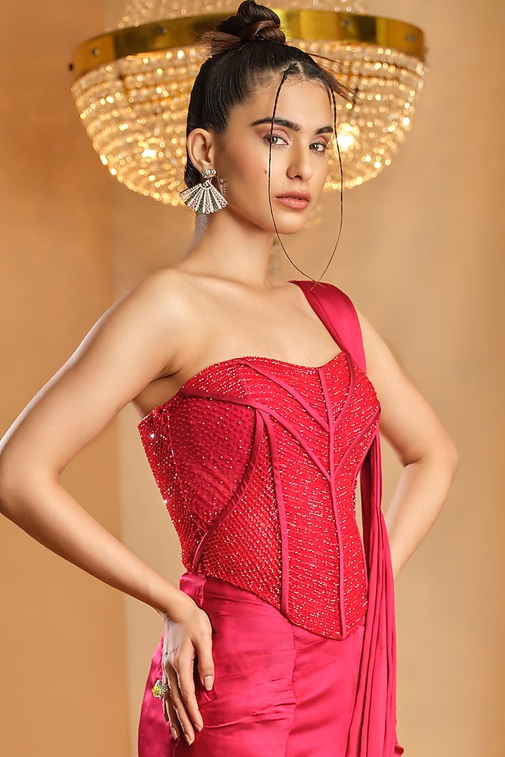 Red Cotton Satin Draped Wedding Saree Set by K&A By Karishma And Ashita at Pernia's Pop Up Shop