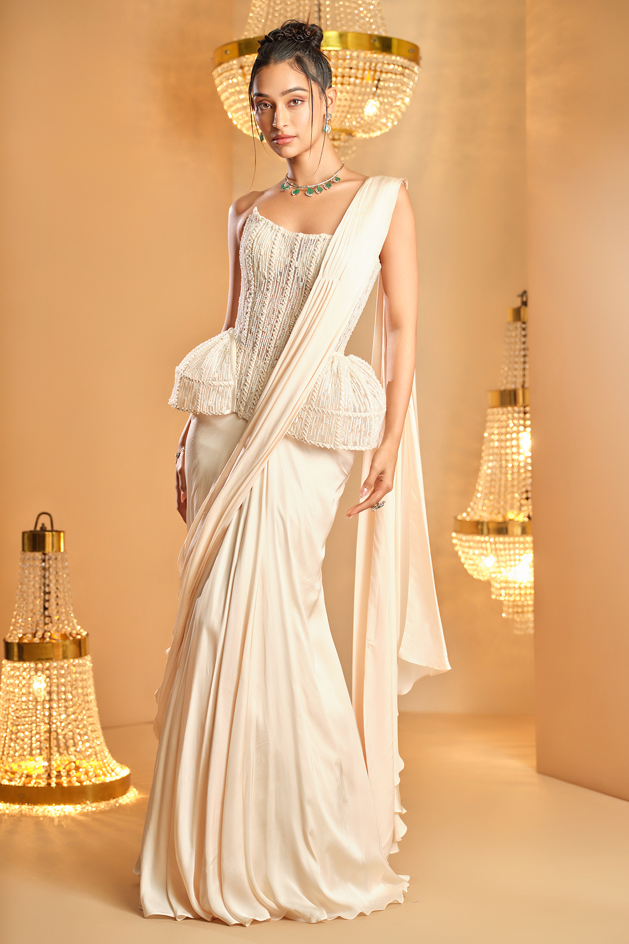White Cotton Satin Draped Reception Saree Set by K&A By Karishma And Ashita at Pernia's Pop Up Shop
