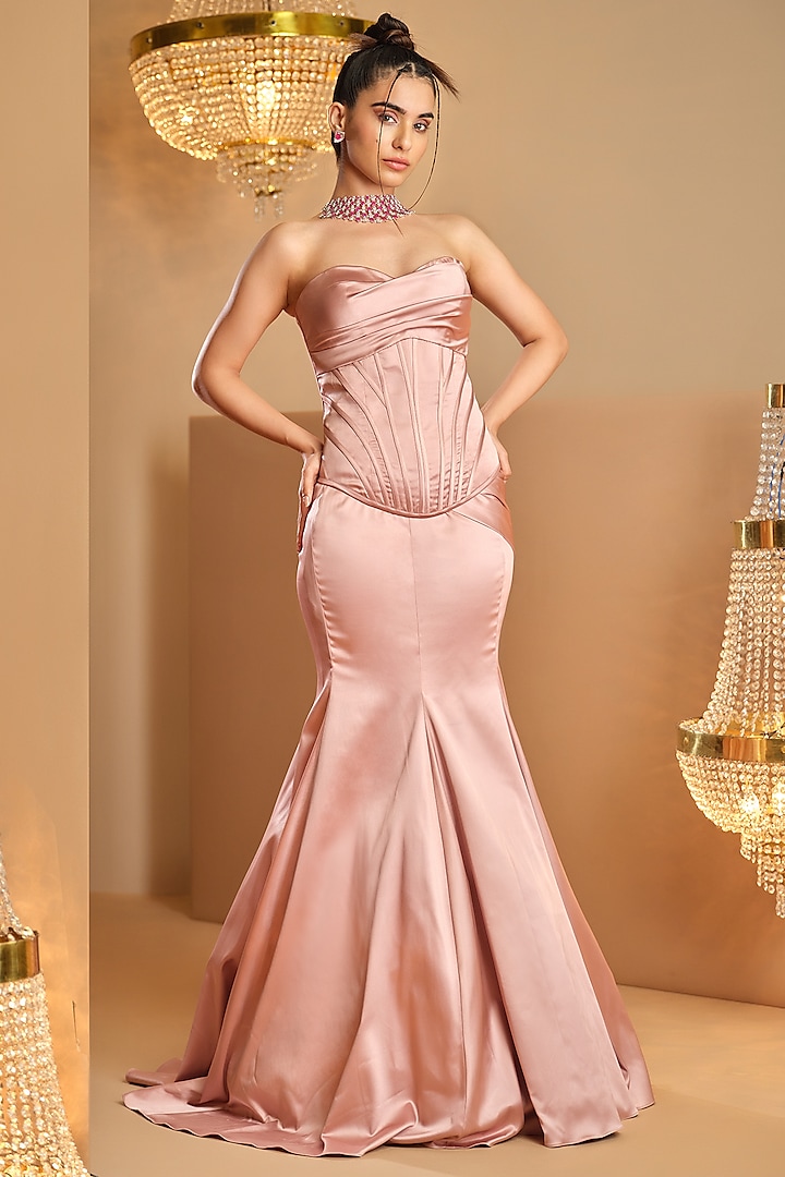 Soft Pink Turkish Satin Skirt Set by K&A By Karishma And Ashita at Pernia's Pop Up Shop