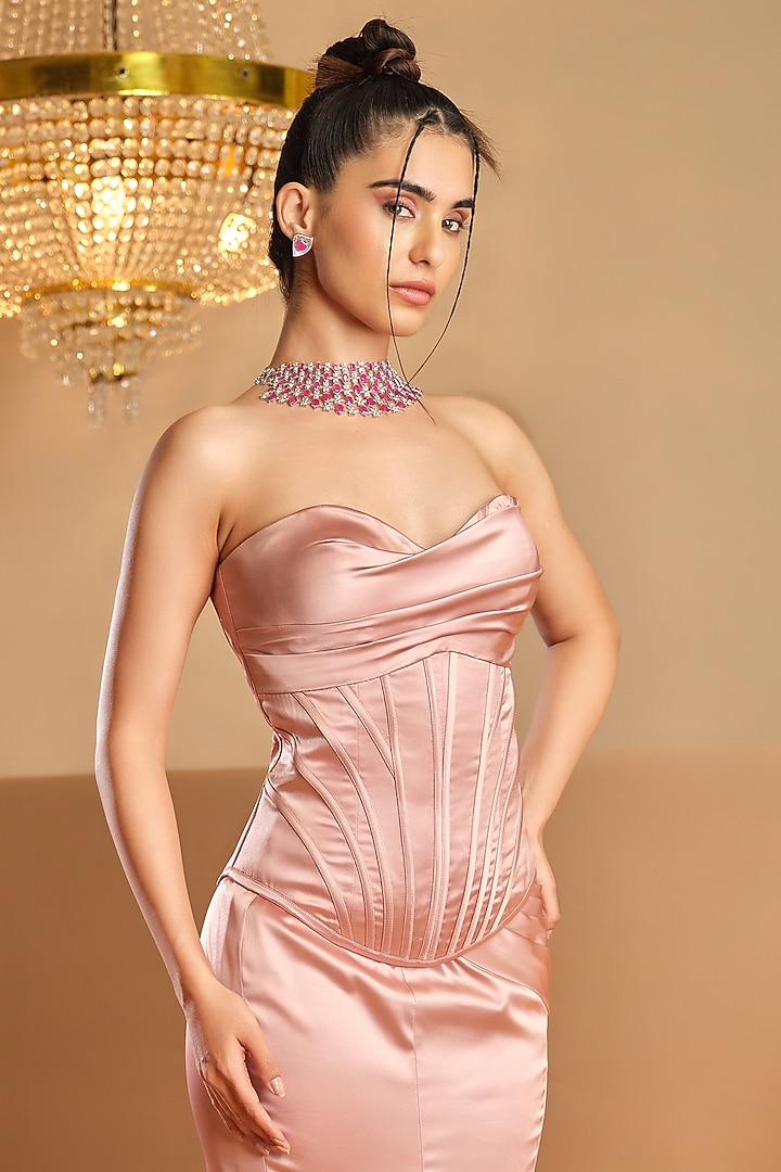Soft Pink Turkish Satin Skirt Set by K&A By Karishma And Ashita at Pernia's Pop Up Shop